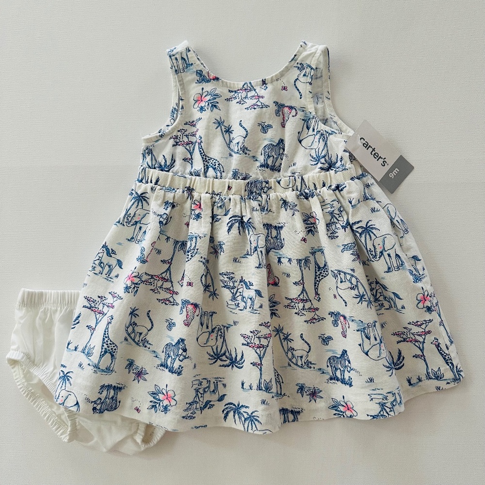 Carter’s 9 Months Baby Girl Linen Blend Dress Safari Animals NWT Spring …